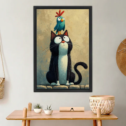 Whimsical Cat Bird Canvas Wall Art L6029 — Framed canvas; warm neutral living space
