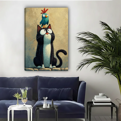 Whimsical cat owl canvas wall art unframed above a navy sofa in a bright living room.
