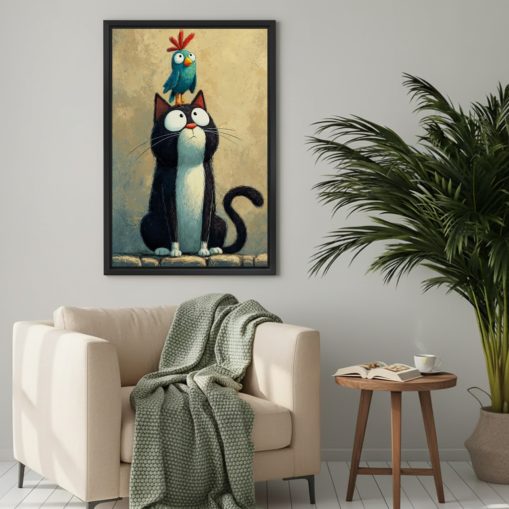 Whimsical cat owl canvas wall art framed above a cream armchair with a green knitted blanket.