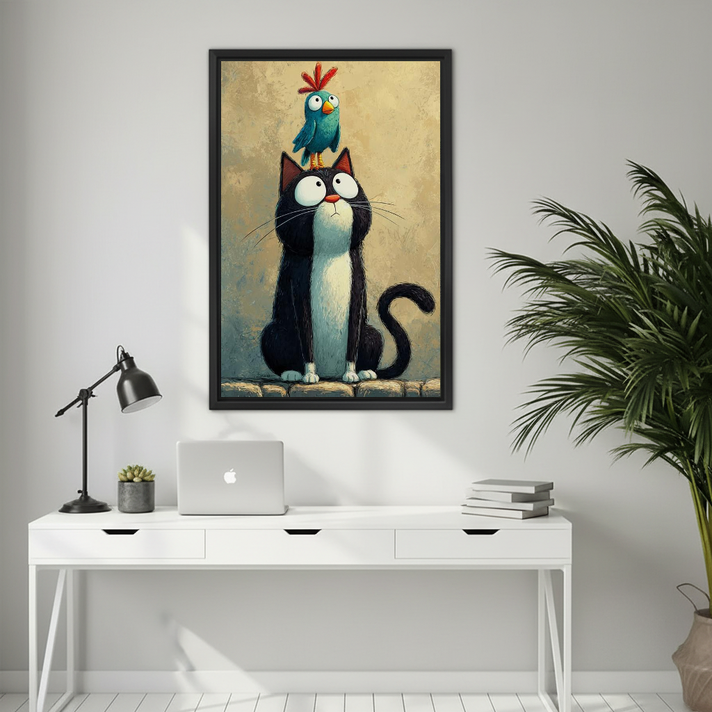 Whimsical cat owl canvas wall art framed above a white desk with a laptop and black lamp.