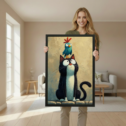 Whimsical cat owl canvas wall art framed as a woman holds the artwork in a softly lit room.