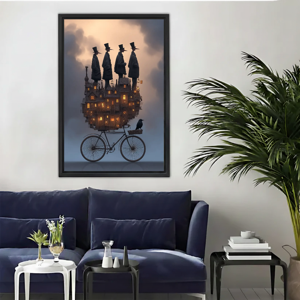 Dreamlike witch bicycle canvas wall art framed above a navy sofa beside a tall indoor palm.