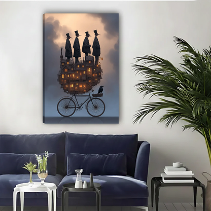 Dreamlike witch bicycle canvas wall art unframed above a navy sofa in a bright living room.