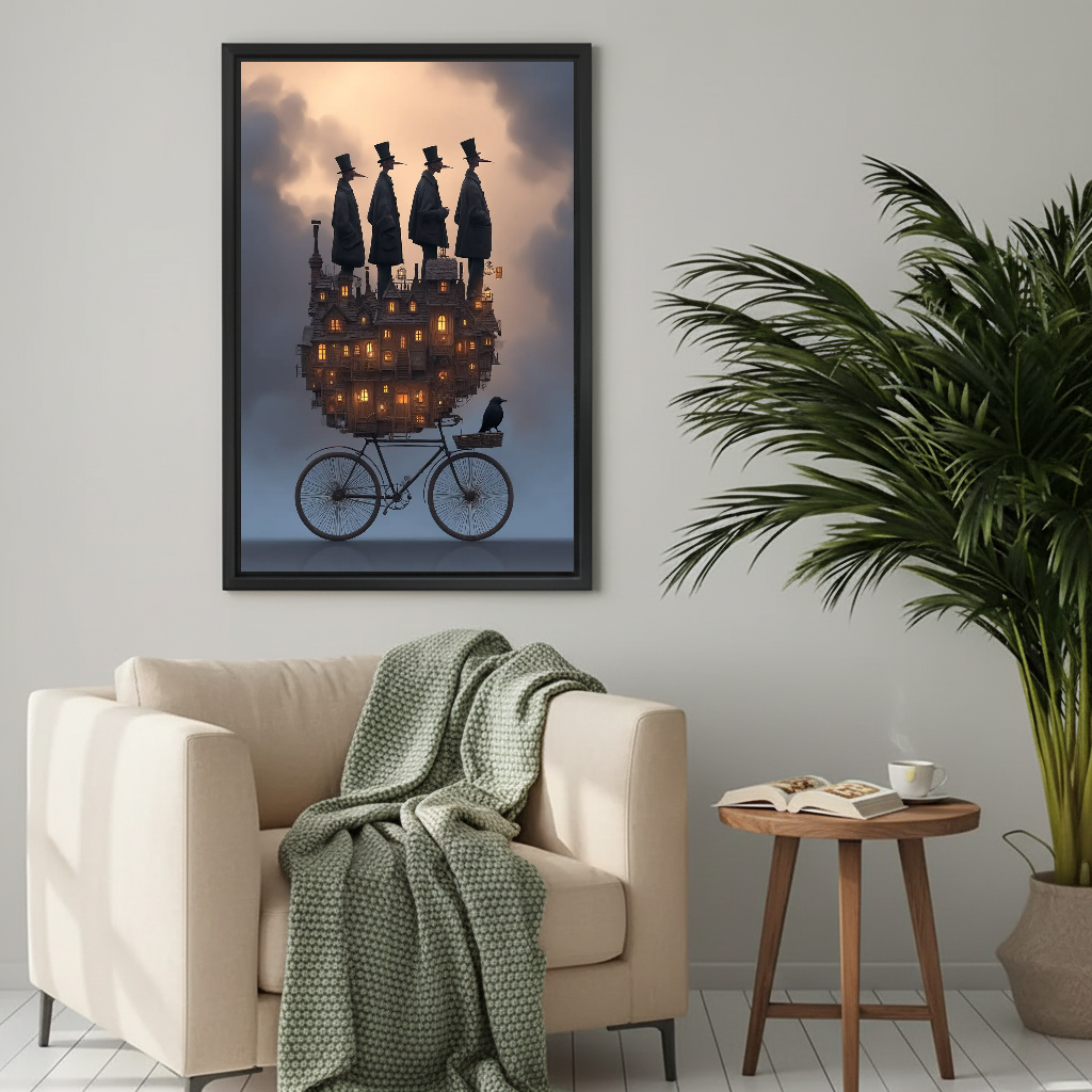 Dreamlike witch bicycle canvas wall art framed above a cream armchair with a green knitted blanket.