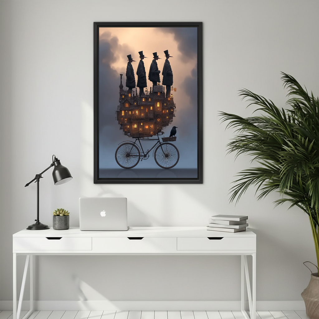 Dreamlike witch bicycle canvas wall art framed above a white desk with a laptop and black lamp.