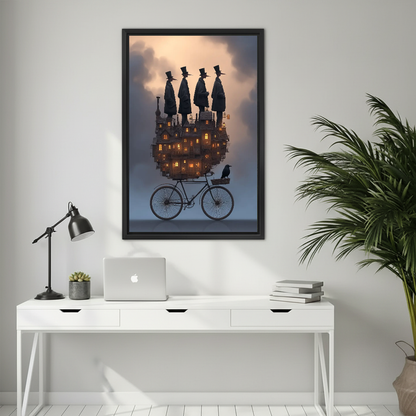 Dreamlike witch bicycle canvas wall art framed above a white desk with a laptop and black lamp.