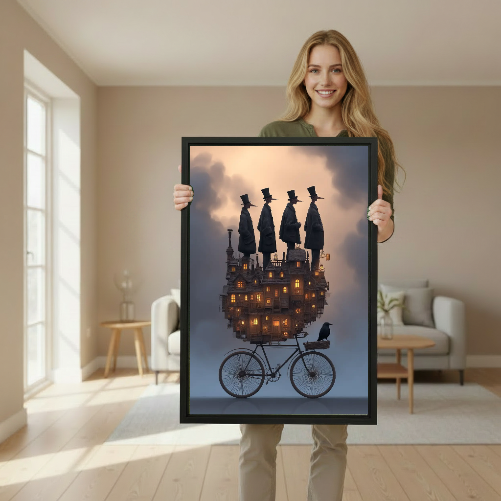 Dreamlike witch bicycle canvas wall art framed as a woman holds the artwork in a softly lit room.
