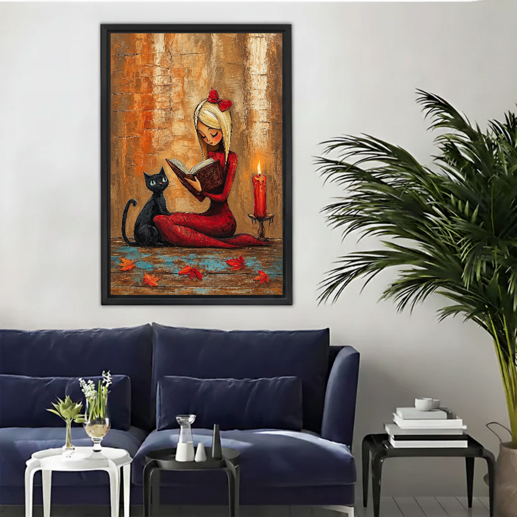 Whimsical reading witch canvas wall art framed above a navy sofa beside a tall indoor palm.