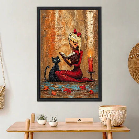 Whimsical Reading Witch Canvas Wall Art L6033 — Framed canvas; warm neutral living space