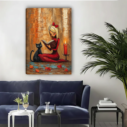 Whimsical reading witch canvas wall art unframed above a navy sofa in a bright living room.