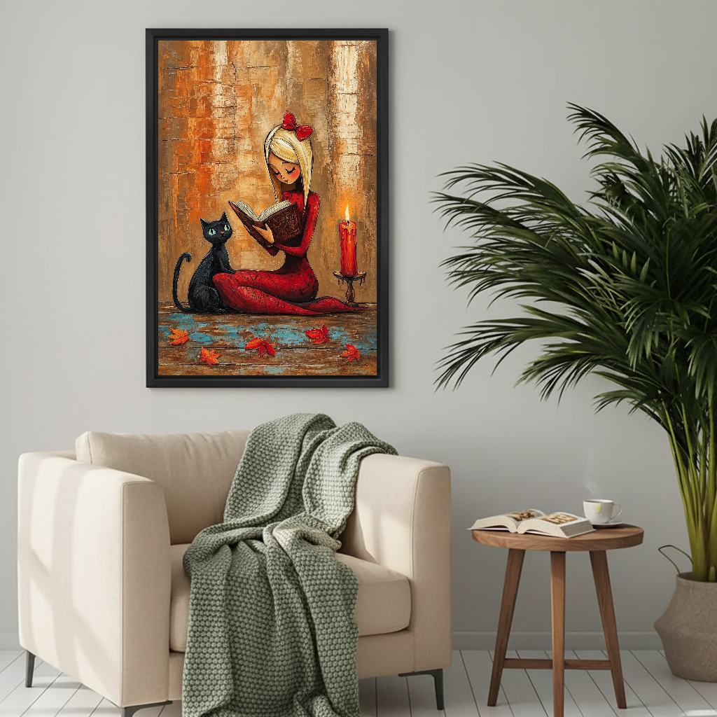 Whimsical reading witch canvas wall art framed above a cream armchair with a green knitted blanket.