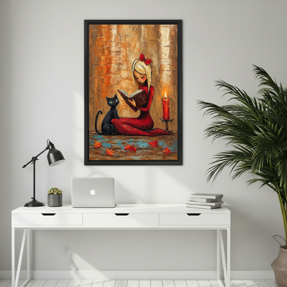 Whimsical reading witch canvas wall art framed above a white desk with a laptop and black lamp.