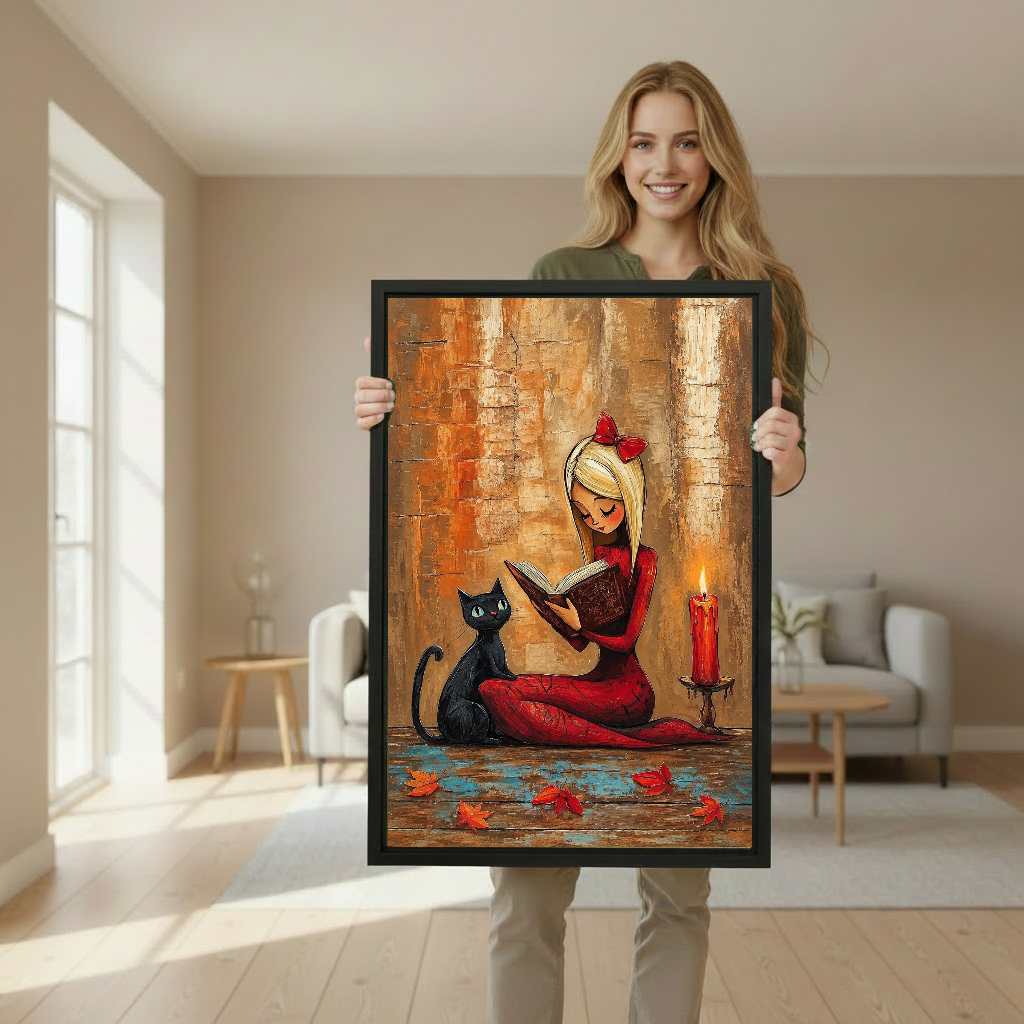Whimsical reading witch canvas wall art framed as a woman holds the artwork in a softly lit room.