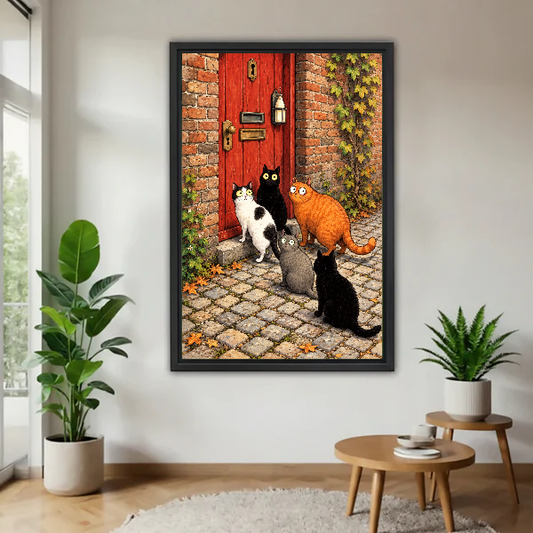 Curious Doorway Cats Canvas Wall Art L6034 — Framed canvas; natural light living space with plants