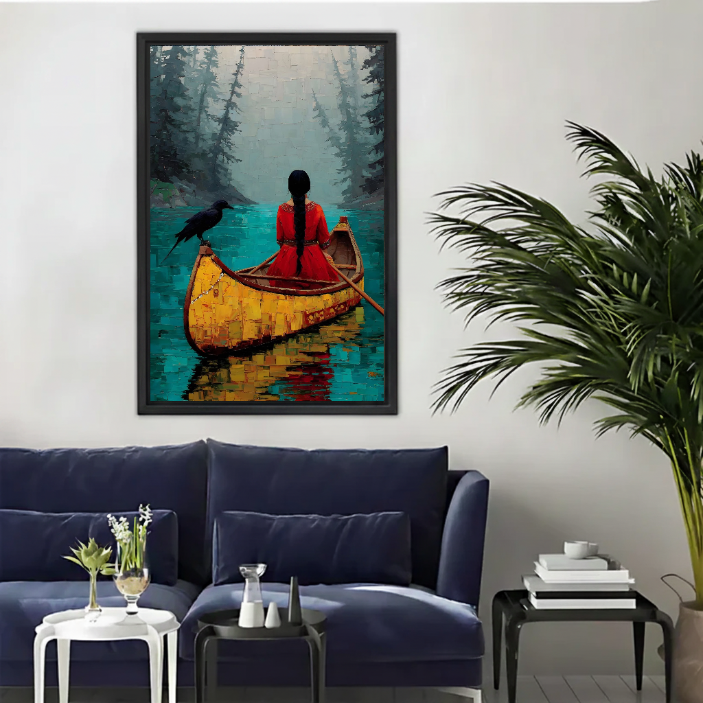Quiet forest canoe canvas wall art framed above a navy sofa beside a tall indoor palm.