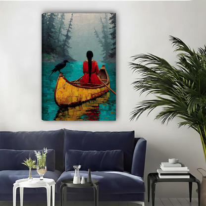 Quiet forest canoe canvas wall art unframed above a navy sofa in a bright living room.