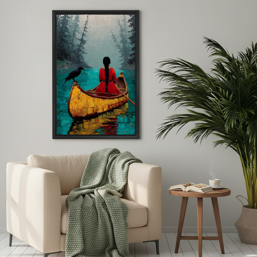 Quiet forest canoe canvas wall art framed above a cream armchair with a green knitted blanket.