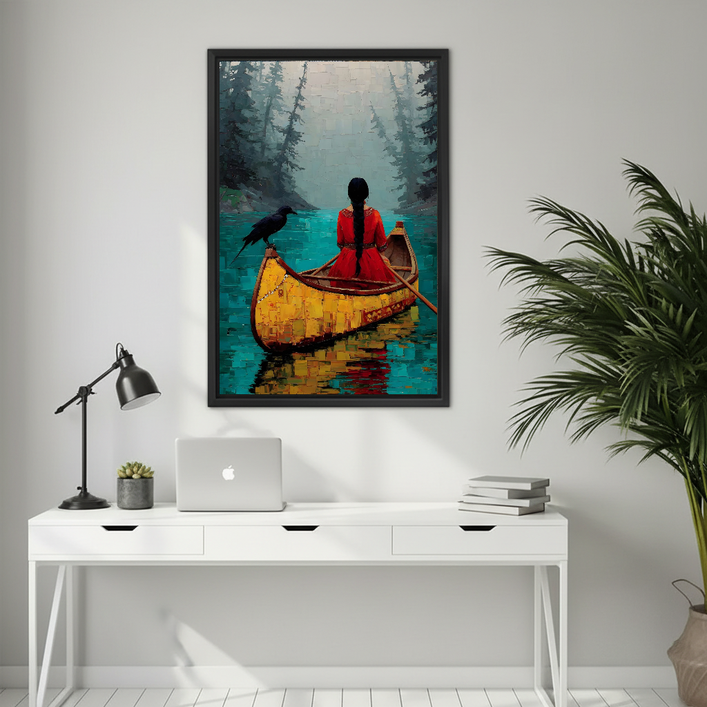 Quiet forest canoe canvas wall art framed above a white desk with a laptop and black lamp.