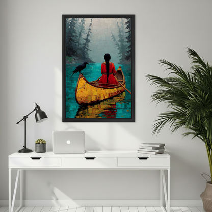 Quiet forest canoe canvas wall art framed above a white desk with a laptop and black lamp.