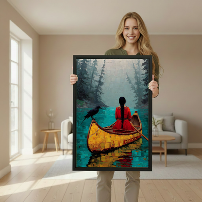 Quiet forest canoe canvas wall art framed as a woman holds the artwork in a softly lit room.