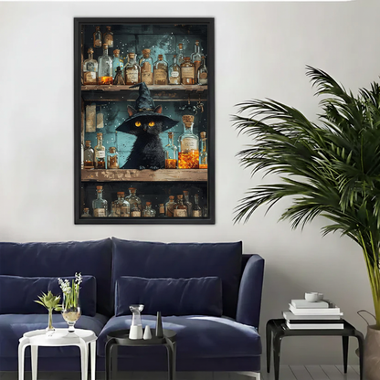 Vintage witch potion cat canvas wall art framed above a navy sofa beside a tall indoor palm.