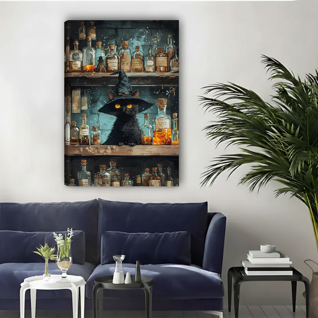 Vintage witch potion cat canvas wall art unframed above a navy sofa in a bright living room.