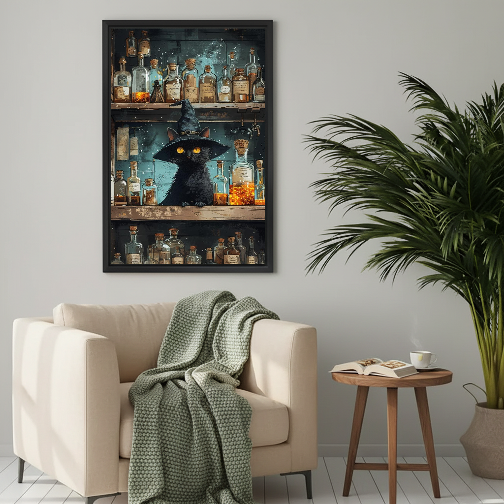 Vintage witch potion cat canvas wall art framed above a cream armchair with a green knitted blanket.