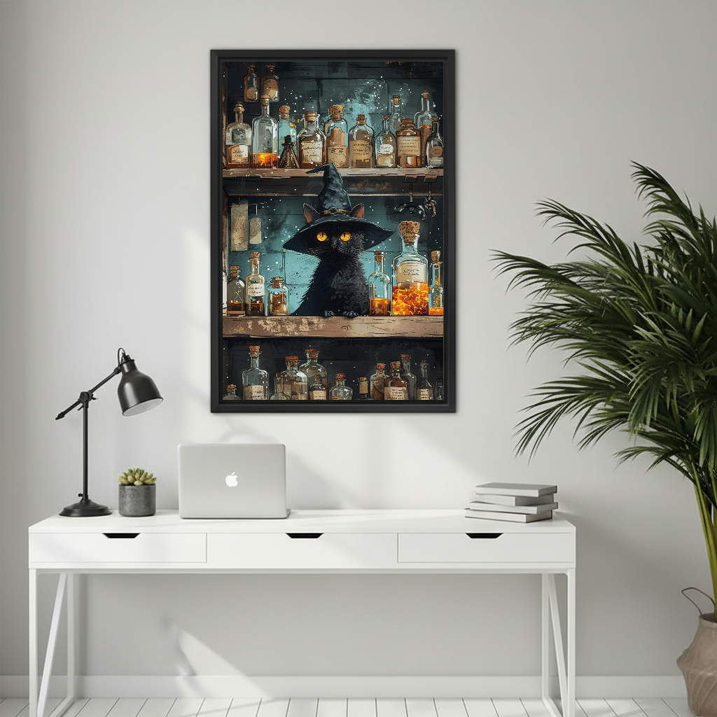 Vintage witch potion cat canvas wall art framed above a white desk with a laptop and black lamp.