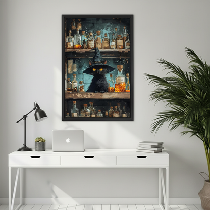 Vintage witch potion cat canvas wall art framed above a white desk with a laptop and black lamp.