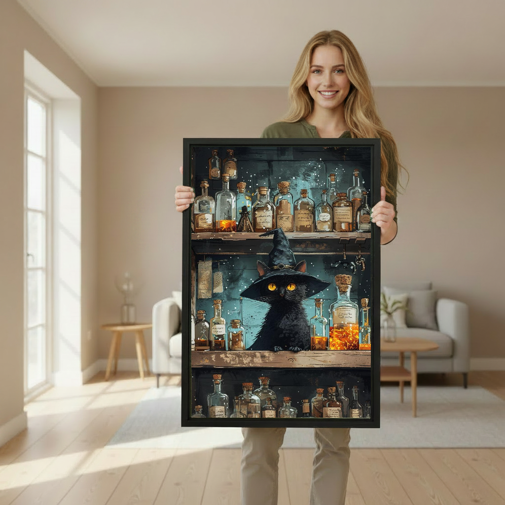 Vintage witch potion cat canvas wall art framed as a woman holds the artwork in a softly lit room.
