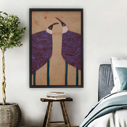 Graphic Purple Birds Canvas Wall Art L6038 — Framed canvas; bright neutral living space