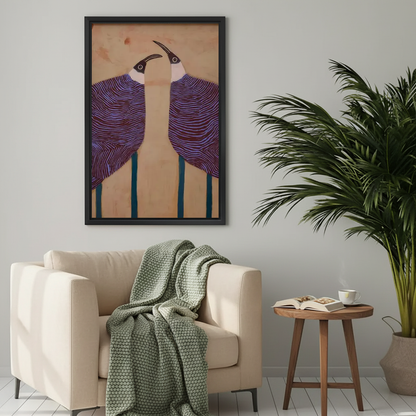 Graphic purple birds canvas wall art framed above a cream armchair with a green knitted blanket.