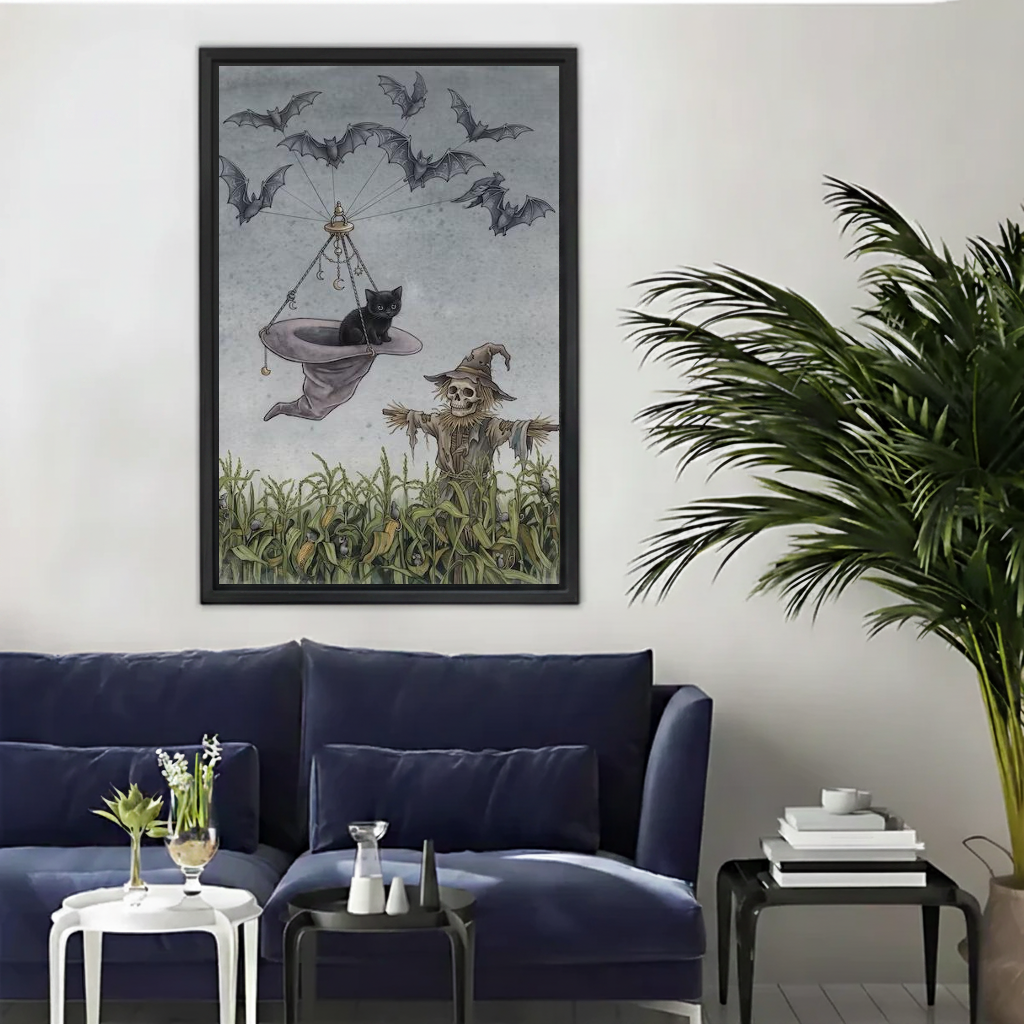 Whimsical flying cat canvas wall art framed above a navy sofa beside a tall indoor palm.