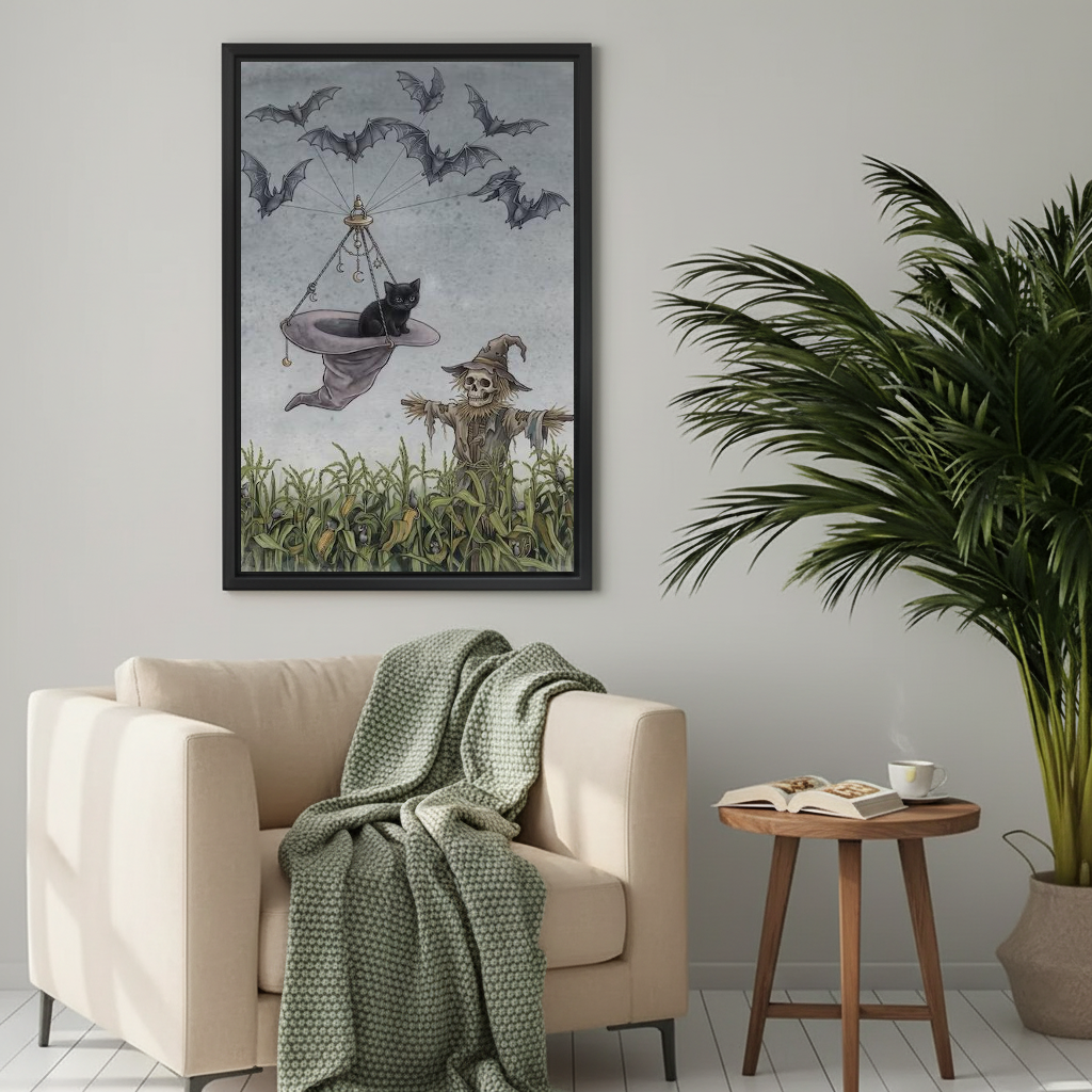 Whimsical flying cat canvas wall art framed above a cream armchair with a green knitted blanket.