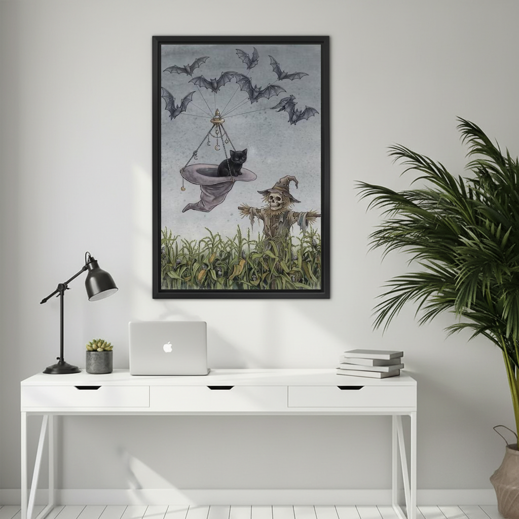 Whimsical flying cat canvas wall art framed above a white desk with a laptop and black lamp.