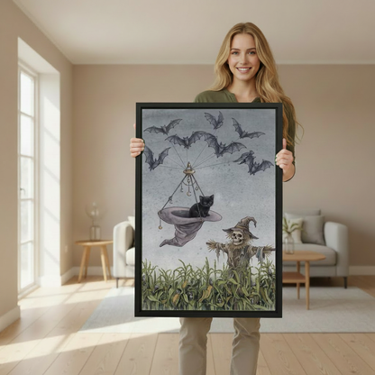 Whimsical flying cat canvas wall art framed as a woman holds the artwork in a softly lit room.