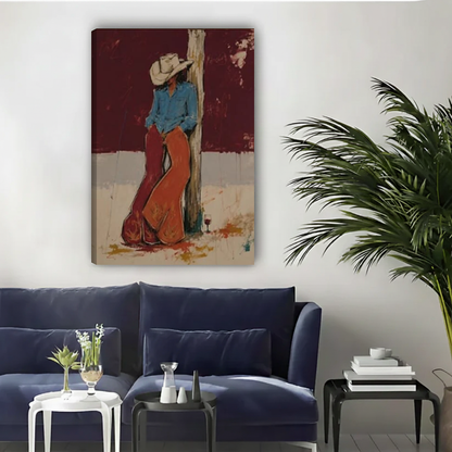 Rustic cowboy rest canvas wall art unframed above a navy sofa in a bright living room.