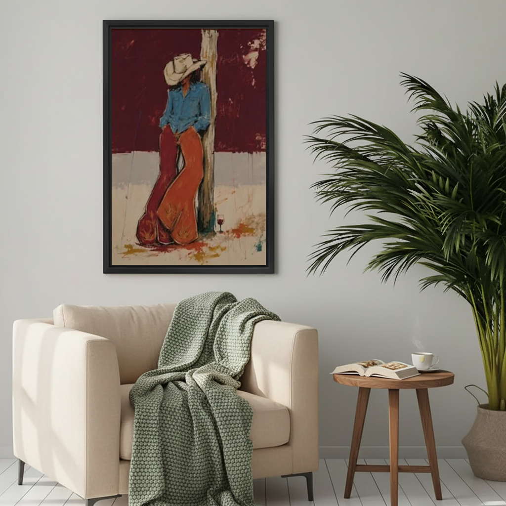 Rustic cowboy rest canvas wall art framed above a cream armchair with a green knitted blanket.