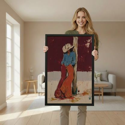 Rustic cowboy rest canvas wall art framed as a woman holds the artwork in a softly lit room.