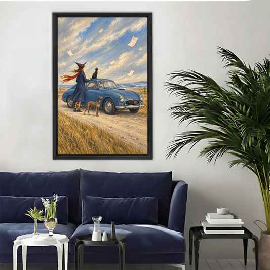 Windy witch dog canvas wall art framed above a navy sofa beside a tall indoor palm.