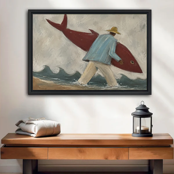 Playful surfer fish canvas wall art framed above a wooden console beside a lantern and folded blanket.