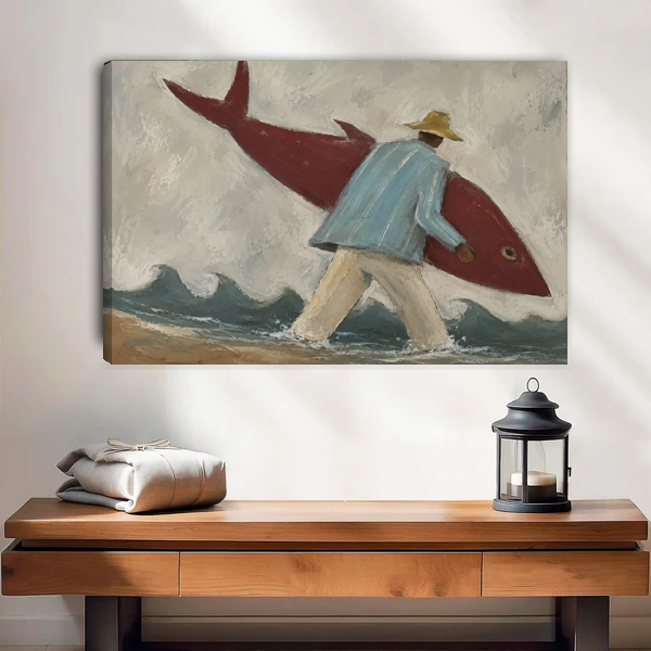 Playful surfer fish canvas wall art unframed above a wooden console in a bright neutral room.