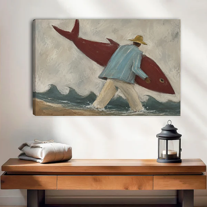 Playful surfer fish canvas wall art unframed above a wooden console in a bright neutral room.