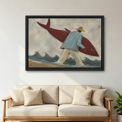 Playful surfer fish canvas wall art framed above a cream sofa with cushions in a neutral living room.