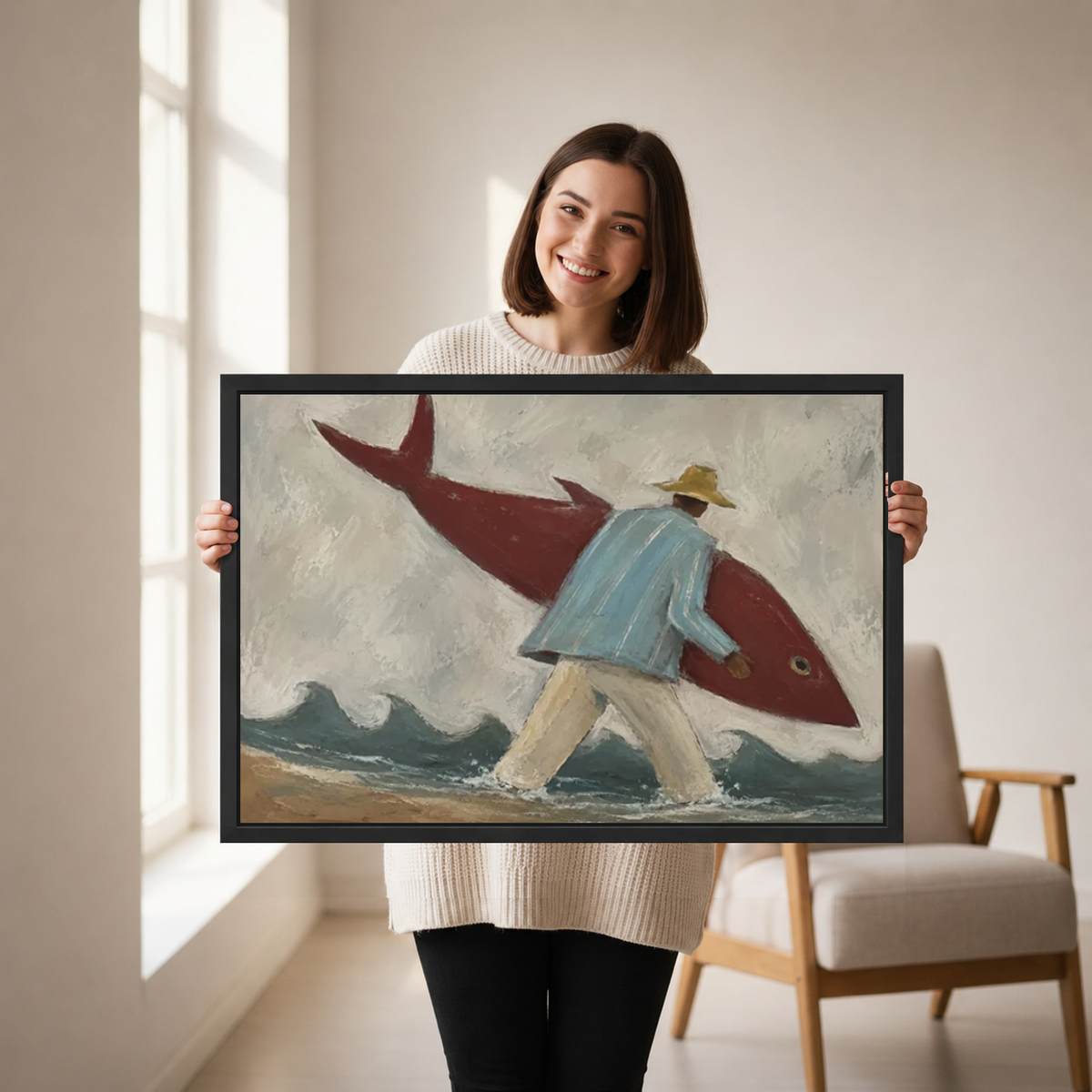 Playful surfer fish canvas wall art framed as a woman holds the artwork near a cream armchair.