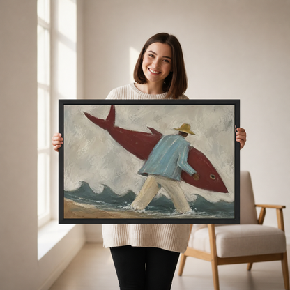 Playful surfer fish canvas wall art framed as a woman holds the artwork near a cream armchair.