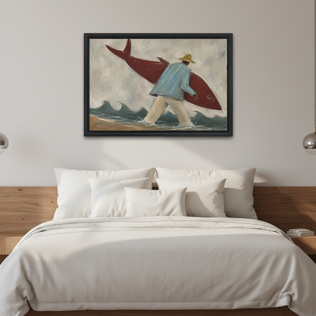 Playful surfer fish canvas wall art framed above a white bed with a wooden headboard and pillows.