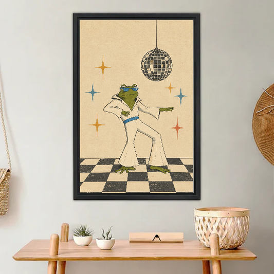 Retro Dancing Frog Canvas Wall Art L6043 — Framed canvas; warm neutral living space
