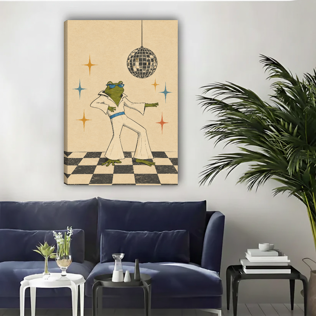 Retro dancing frog canvas wall art unframed above a navy sofa in a bright living room.