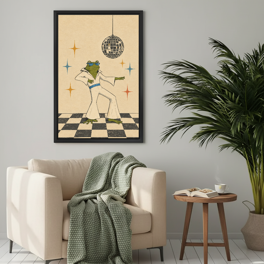 Retro dancing frog canvas wall art framed above a cream armchair with a green knitted blanket.